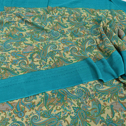 Indian Vintage Sari Beige & Blue Pure Crepe Silk Printed Saree 6yard Sewing Quilting Floral Soft Craft Fabric Wrap