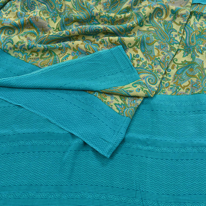 Indian Vintage Sari Beige & Blue Pure Crepe Silk Printed Saree 6yard Sewing Quilting Floral Soft Craft Fabric Wrap