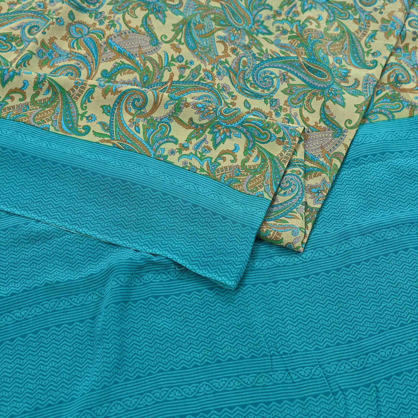 Indian Vintage Sari Beige & Blue Pure Crepe Silk Printed Saree 6yard Sewing Quilting Floral Soft Craft Fabric Wrap