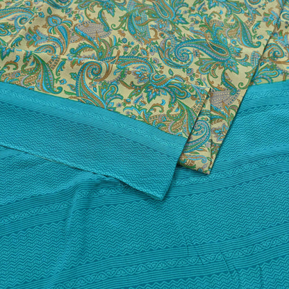 Indian Vintage Sari Beige & Blue Pure Crepe Silk Printed Saree 6yard Sewing Quilting Floral Soft Craft Fabric Wrap