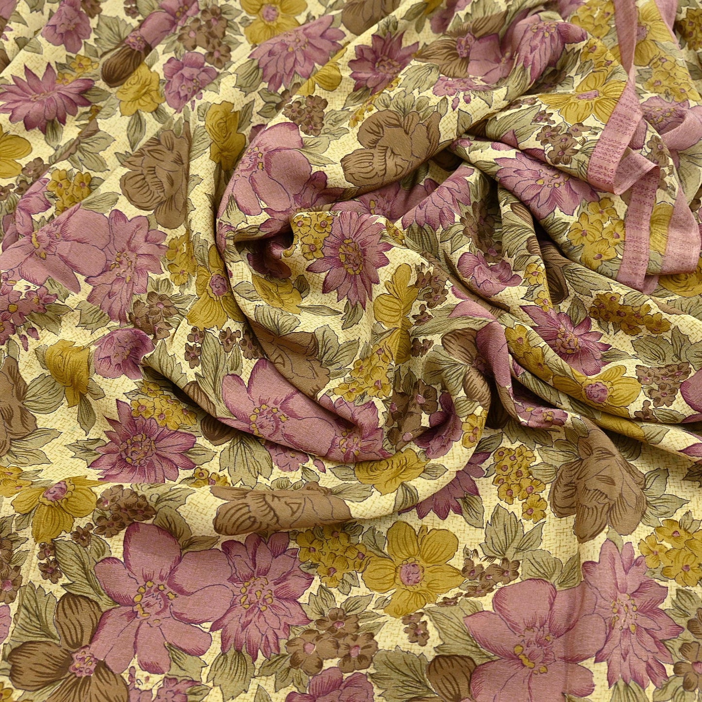 Indian Vintage Sari Beige Pure Crepe Silk Printed Saree 5yard Sewing Quilting Floral Soft Craft Fabric Wrap