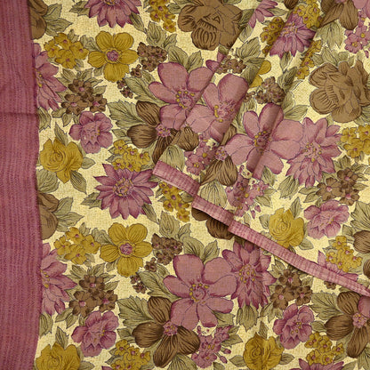 Indian Vintage Sari Beige Pure Crepe Silk Printed Saree 5yard Sewing Quilting Floral Soft Craft Fabric Wrap