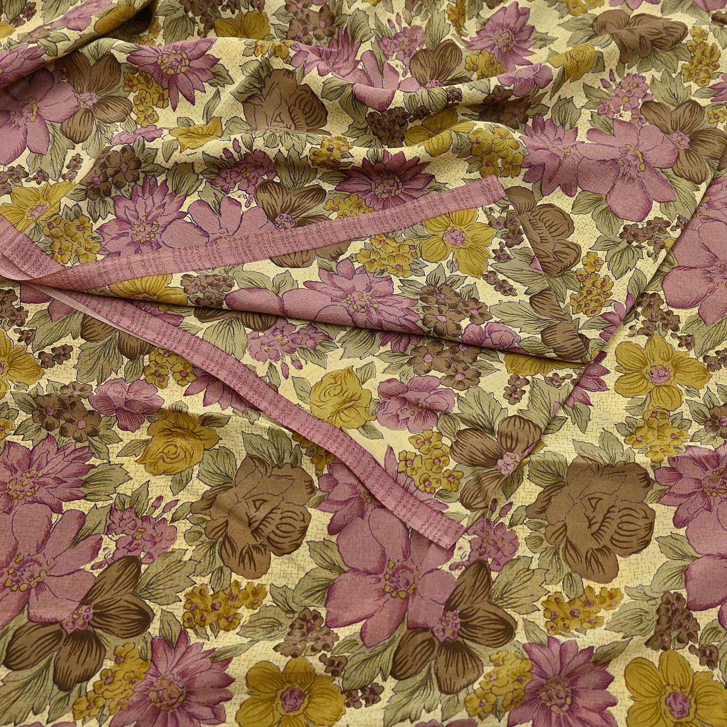 Indian Vintage Sari Beige Pure Crepe Silk Printed Saree 5yard Sewing Quilting Floral Soft Craft Fabric Wrap