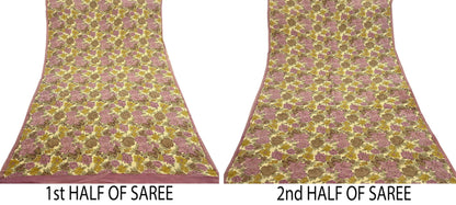 Indian Vintage Sari Beige Pure Crepe Silk Printed Saree 5yard Sewing Quilting Floral Soft Craft Fabric Wrap