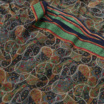 Indian Vintage Sari Black Pure Georgette Silk Printed Saree Craft Fabric Sewing 6Yd Soft Light Dress Making Crafting Quilting Upcycle