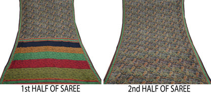 Indian Vintage Sari Black Pure Georgette Silk Printed Saree Craft Fabric Sewing 6Yd Soft Light Dress Making Crafting Quilting Upcycle