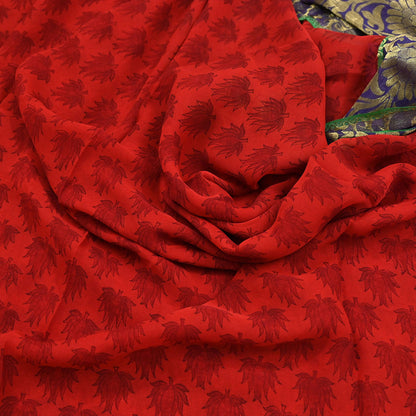 Women Vintage Sari Red 100% Pure Georgette Silk Printed Saree Craft Fabric Sewing 5Yd Soft Sari Dress Making Crafting Quilting