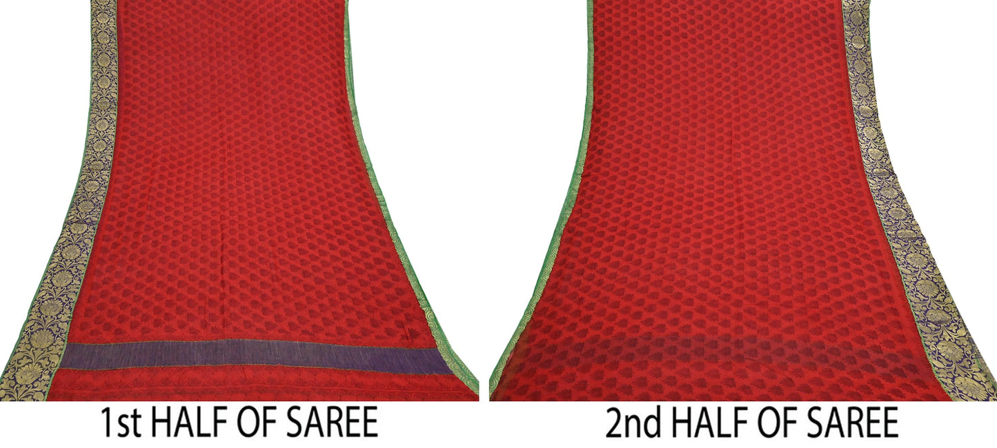 Women Vintage Sari Red 100% Pure Georgette Silk Printed Saree Craft Fabric Sewing 5Yd Soft Sari Dress Making Crafting Quilting