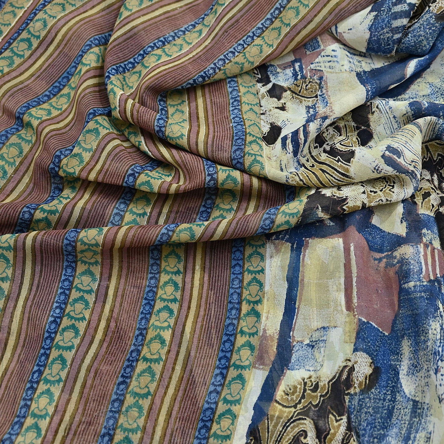 Indian Vintage Sari Ivory & Multi Pure Georgette Silk Printed Sarees 6Yd Craft Fabric Sewing Quilting Dress making Crafting Quilting Upcycle