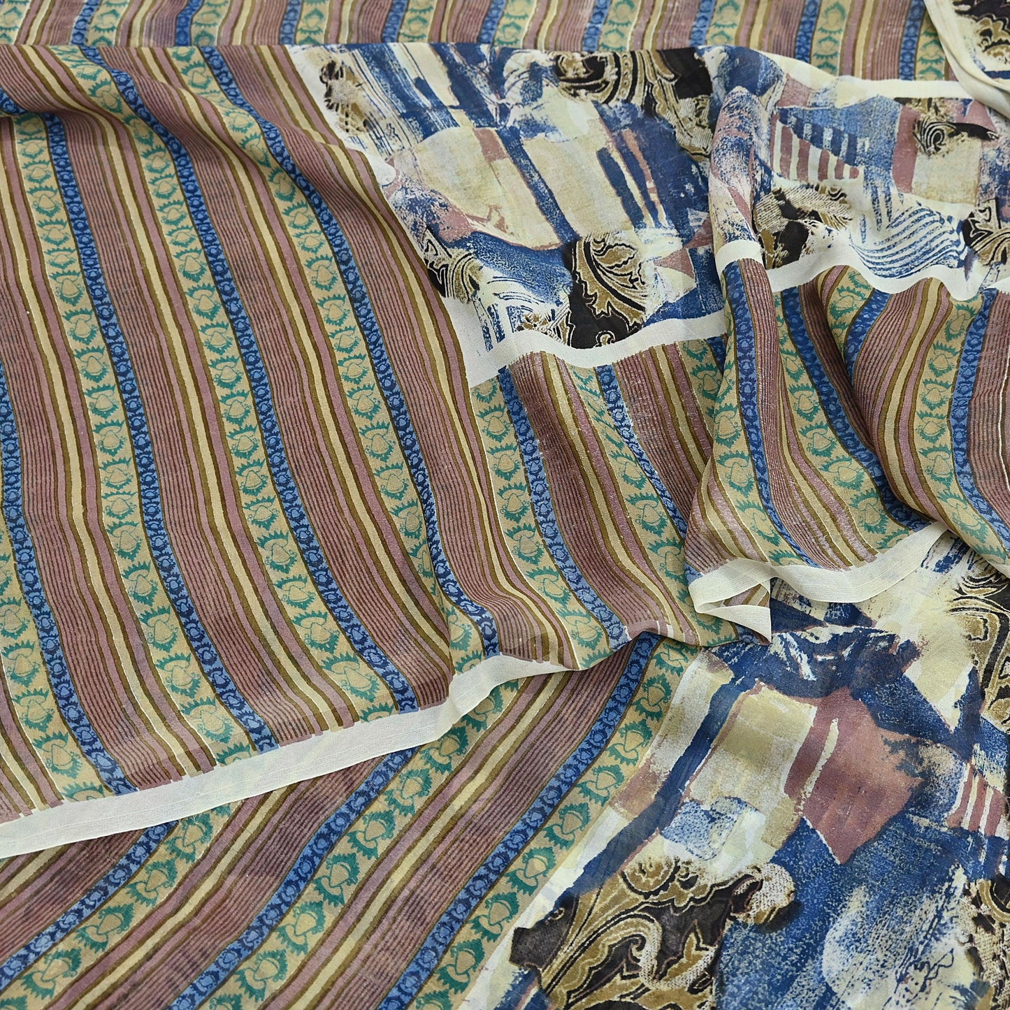 Indian Vintage Sari Ivory & Multi Pure Georgette Silk Printed Sarees 6Yd Craft Fabric Sewing Quilting Dress making Crafting Quilting Upcycle