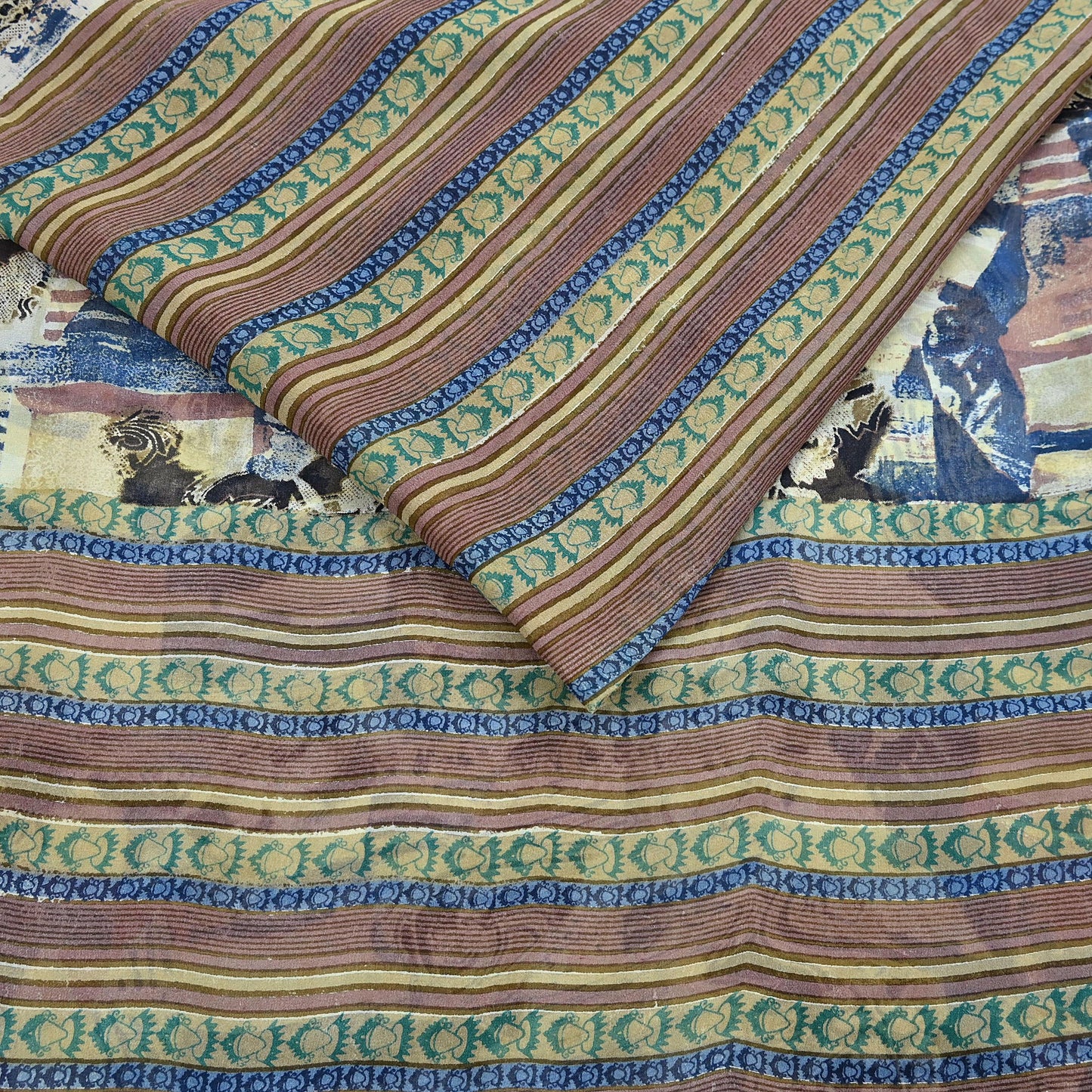 Indian Vintage Sari Ivory & Multi Pure Georgette Silk Printed Sarees 6Yd Craft Fabric Sewing Quilting Dress making Crafting Quilting Upcycle