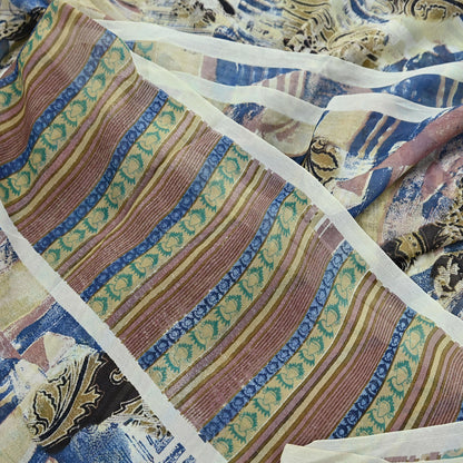 Indian Vintage Sari Ivory & Multi Pure Georgette Silk Printed Sarees 6Yd Craft Fabric Sewing Quilting Dress making Crafting Quilting Upcycle
