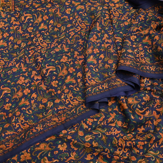 Indian Vintage Sari Blue Pure Silk Printed Saree Fabric 5yard Sewing Craft Fabric DressMaking Wrap Floral