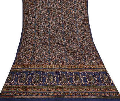 Indian Vintage Sari Blue Pure Silk Printed Saree Fabric 5yard Sewing Craft Fabric DressMaking Wrap Floral