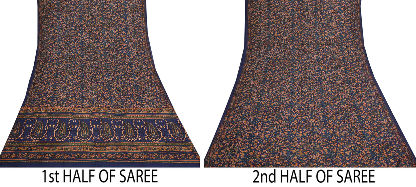 Indian Vintage Sari Blue Pure Silk Printed Saree Fabric 5yard Sewing Craft Fabric DressMaking Wrap Floral