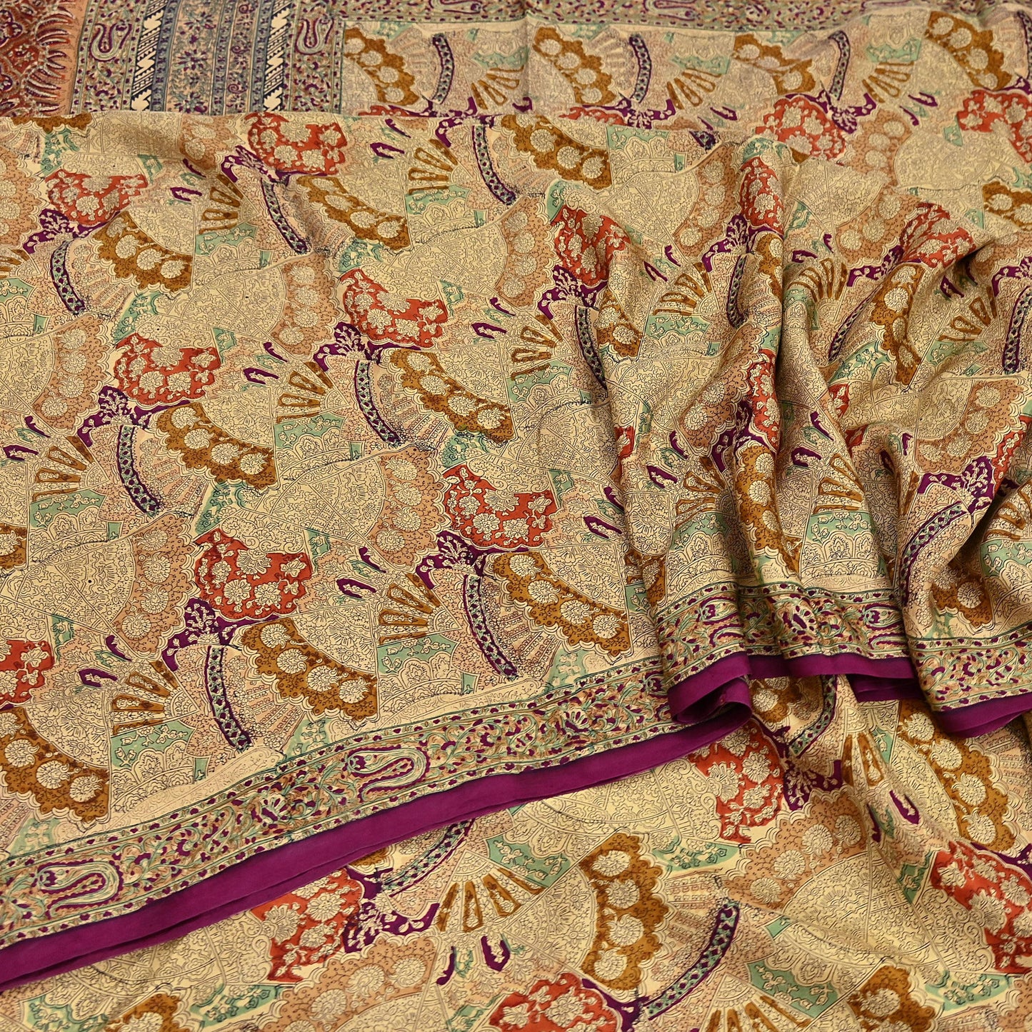 Indian Vintage Sari Beige & Maroon Pure Silk Printed Saree Fabric 6yard Sewing Craft Fabric DressMaking Wrap Floral