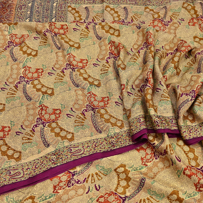 Indian Vintage Sari Beige & Maroon Pure Silk Printed Saree Fabric 6yard Sewing Craft Fabric DressMaking Wrap Floral