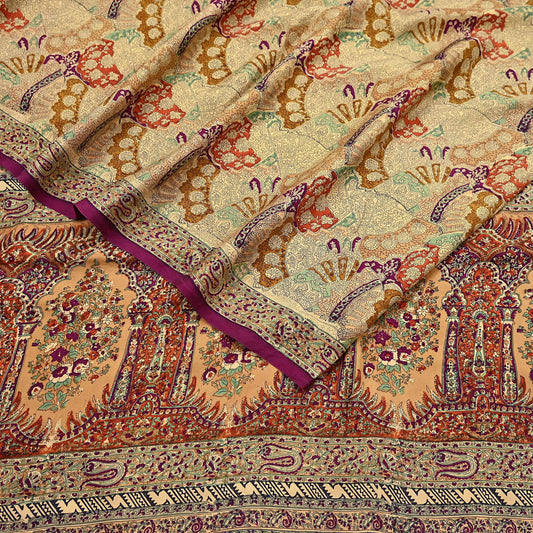 Indian Vintage Sari Beige & Maroon Pure Silk Printed Saree Fabric 6yard Sewing Craft Fabric DressMaking Wrap Floral