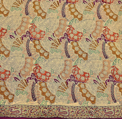 Indian Vintage Sari Beige & Maroon Pure Silk Printed Saree Fabric 6yard Sewing Craft Fabric DressMaking Wrap Floral