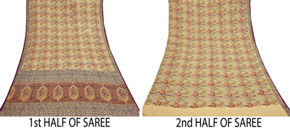 Indian Vintage Sari Beige & Maroon Pure Silk Printed Saree Fabric 6yard Sewing Craft Fabric DressMaking Wrap Floral
