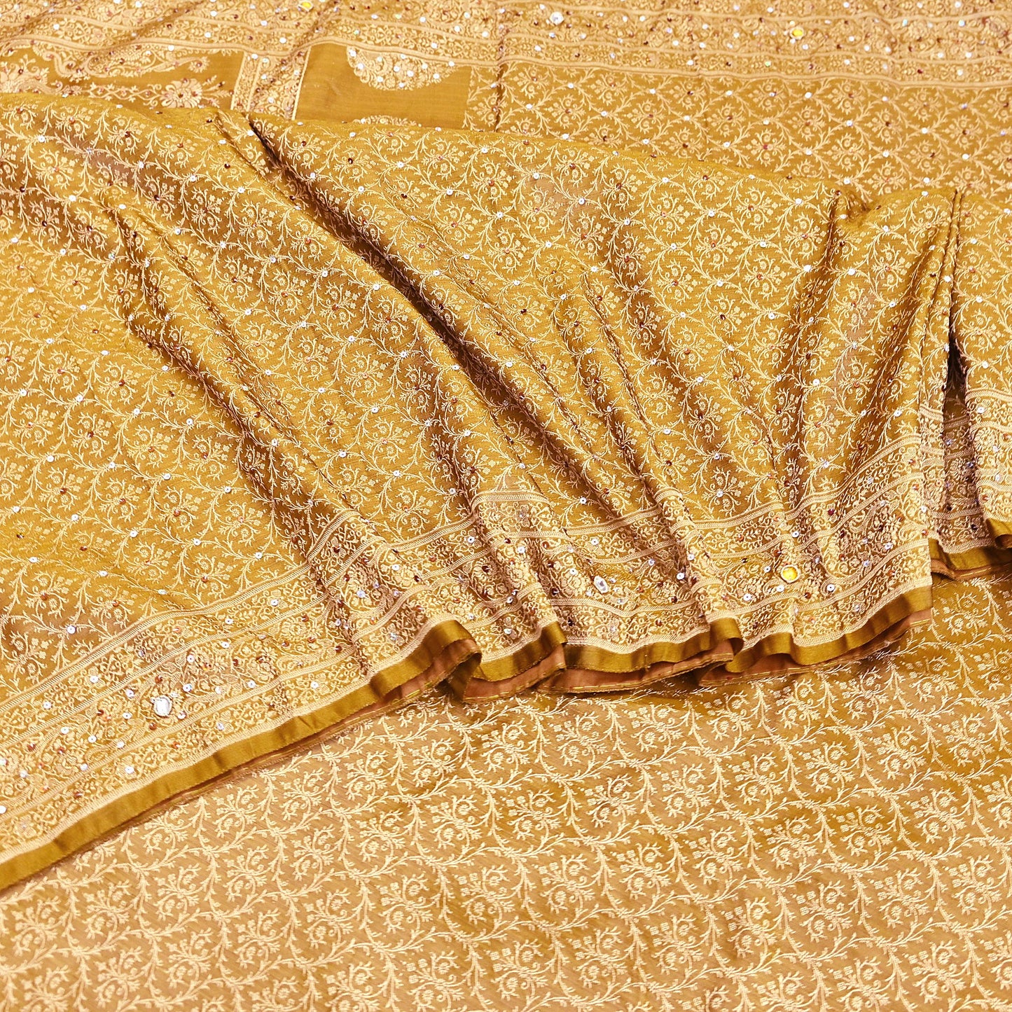 Vintage Green Banarasi Silk Saree Pure Satin Silk Handwoven Tanchoi Fabric with Floral Weave 5 Yard Dressmaking Craft Material