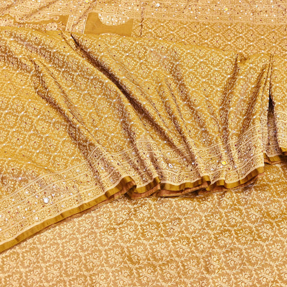 Vintage Green Banarasi Silk Saree Pure Satin Silk Handwoven Tanchoi Fabric with Floral Weave 5 Yard Dressmaking Craft Material
