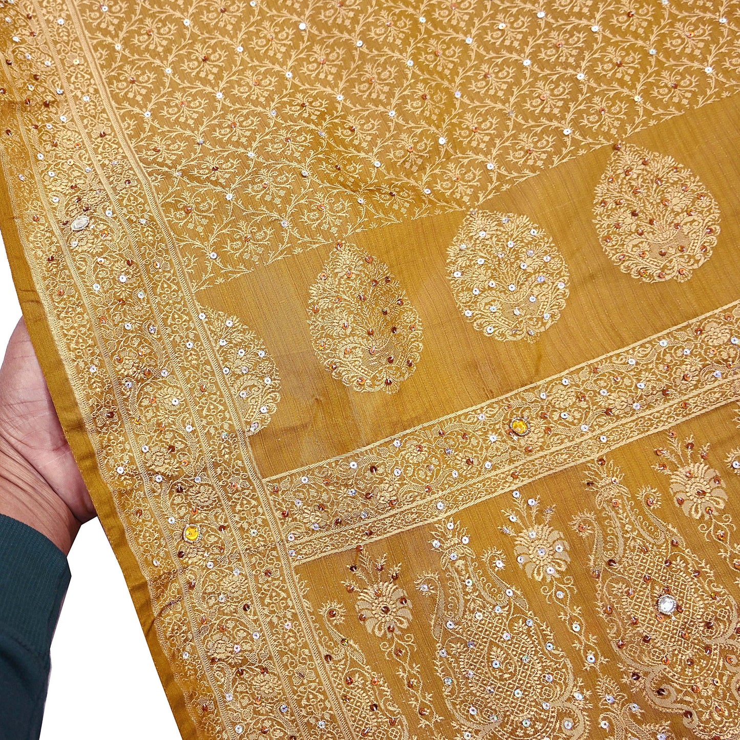 Vintage Green Banarasi Silk Saree Pure Satin Silk Handwoven Tanchoi Fabric with Floral Weave 5 Yard Dressmaking Craft Material