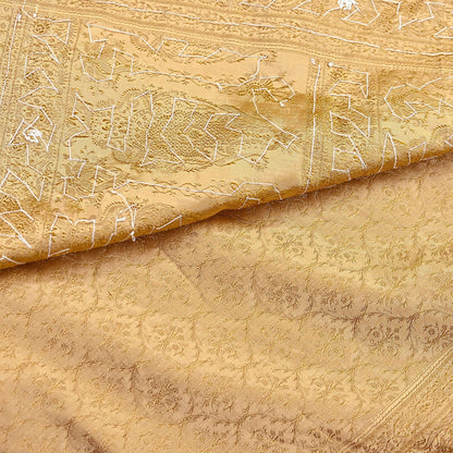 Vintage Green Banarasi Silk Saree Pure Satin Silk Handwoven Tanchoi Fabric with Floral Weave 5 Yard Dressmaking Craft Material