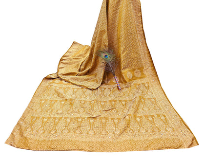 Vintage Green Banarasi Silk Saree Pure Satin Silk Handwoven Tanchoi Fabric with Floral Weave 5 Yard Dressmaking Craft Material