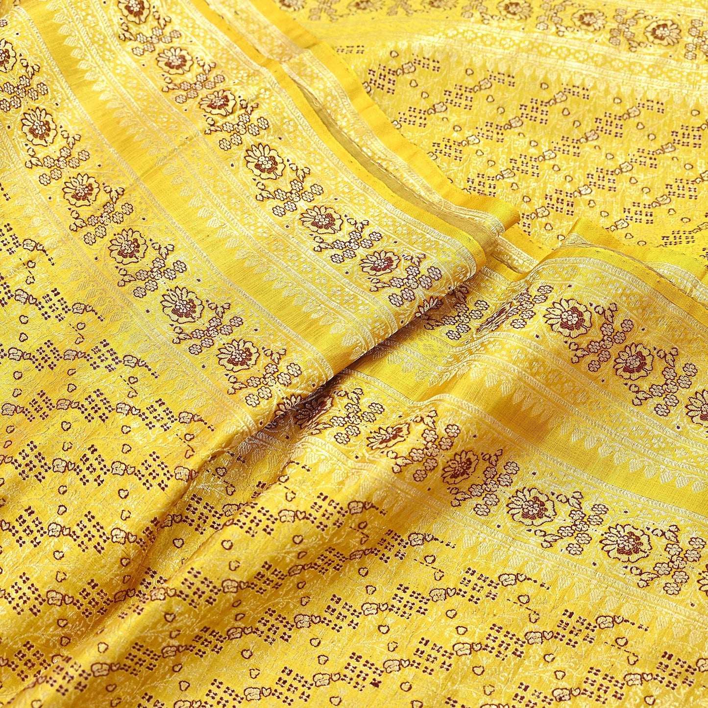 Indian Vintage Sari Yellow Heavy Pure Satin Silk Woven Banarasi Tanchoi Saree 5Yd Ethnic Craft Fabric Upcycle Bridal Heavy Sarees