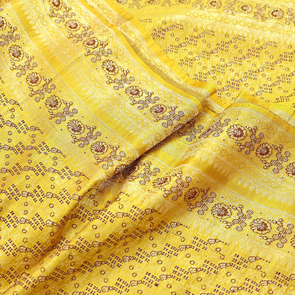 Indian Vintage Sari Yellow Heavy Pure Satin Silk Woven Banarasi Tanchoi Saree 5Yd Ethnic Craft Fabric Upcycle Bridal Heavy Sarees