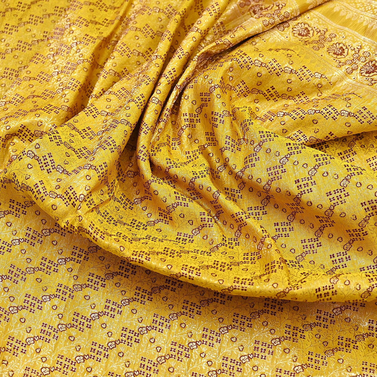 Indian Vintage Sari Yellow Heavy Pure Satin Silk Woven Banarasi Tanchoi Saree 5Yd Ethnic Craft Fabric Upcycle Bridal Heavy Sarees