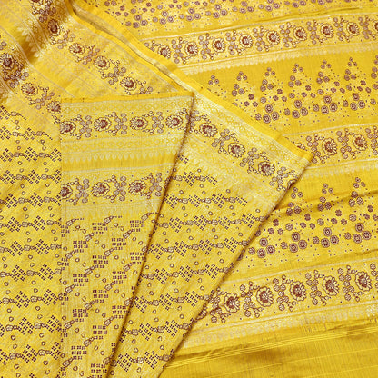 Indian Vintage Sari Yellow Heavy Pure Satin Silk Woven Banarasi Tanchoi Saree 5Yd Ethnic Craft Fabric Upcycle Bridal Heavy Sarees
