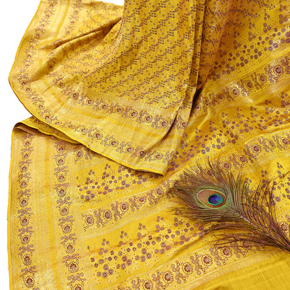 Indian Vintage Sari Yellow Heavy Pure Satin Silk Woven Banarasi Tanchoi Saree 5Yd Ethnic Craft Fabric Upcycle Bridal Heavy Sarees