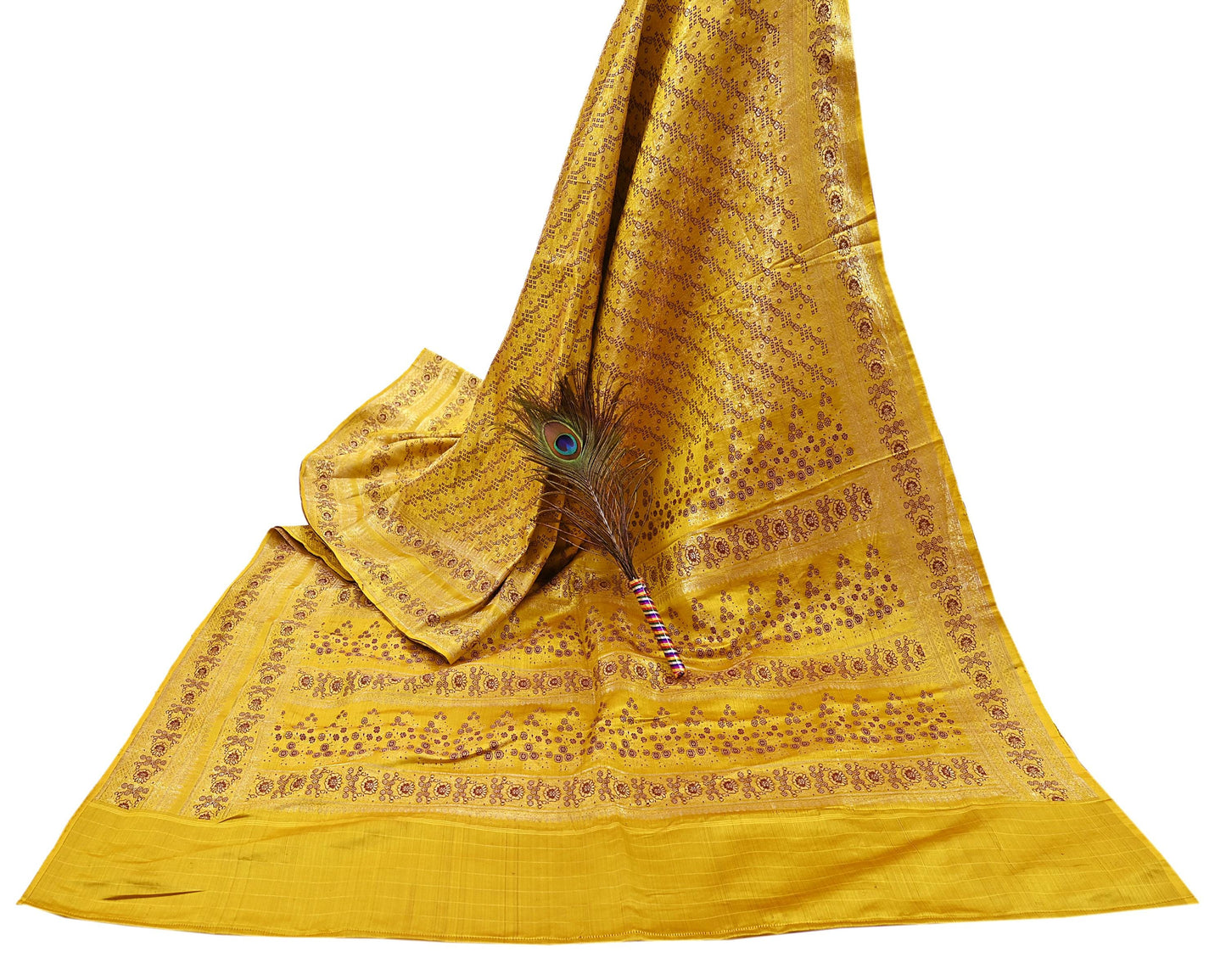 Indian Vintage Sari Yellow Heavy Pure Satin Silk Woven Banarasi Tanchoi Saree 5Yd Ethnic Craft Fabric Upcycle Bridal Heavy Sarees