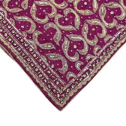 Indian Vintage Heavy Purple Dupatta Pure Georgette Silk Long Stole Hand Embroidered Scarf Zari Zardozi