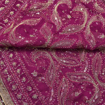 Indian Vintage Heavy Purple Dupatta Pure Georgette Silk Long Stole Hand Embroidered Scarf Zari Zardozi