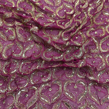 Indian Vintage Heavy Purple Dupatta Pure Georgette Silk Long Stole Hand Embroidered Scarf Zari Zardozi