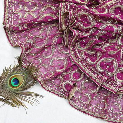 Indian Vintage Heavy Purple Dupatta Pure Georgette Silk Long Stole Hand Embroidered Scarf Zari Zardozi