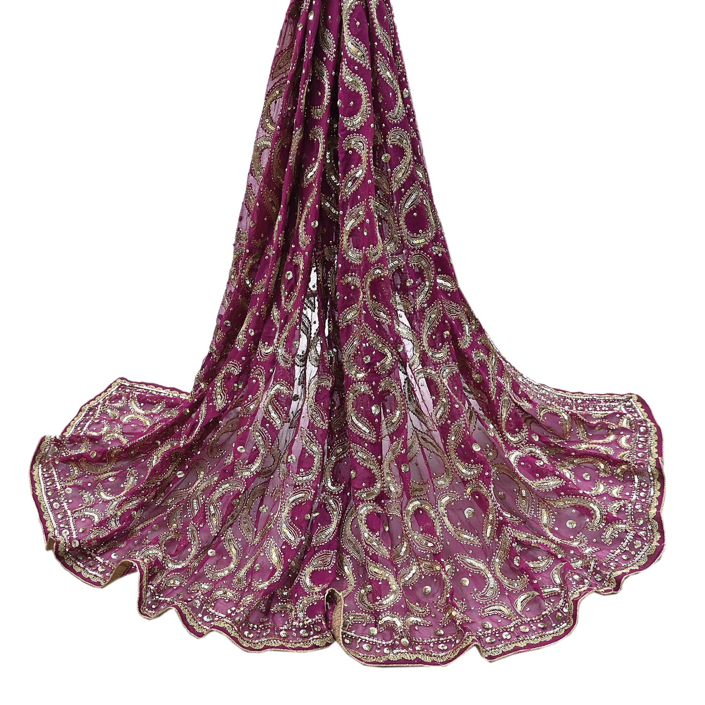Indian Vintage Heavy Purple Dupatta Pure Georgette Silk Long Stole Hand Embroidered Scarf Zari Zardozi