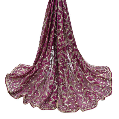 Indian Vintage Heavy Purple Dupatta Pure Georgette Silk Long Stole Hand Embroidered Scarf Zari Zardozi
