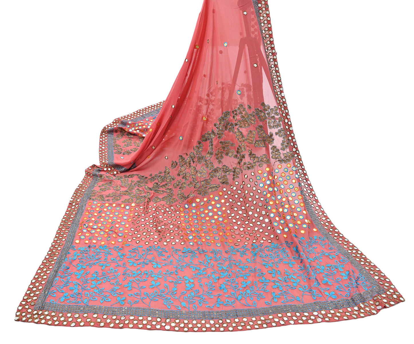 Indian Vintage Heavy Peach Dupatta Pure Georgette Silk Long Stole Hand Embroidered Scarf Zardozi/Dabka Wedding/Bridal Veil Hijab