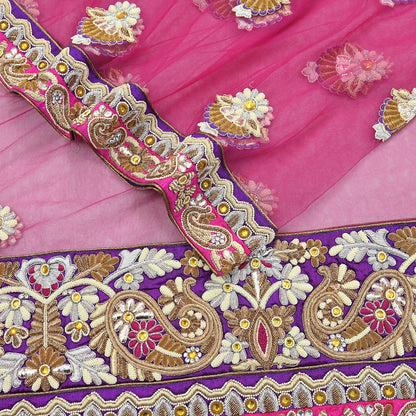 Indian Vintage Heavy Wedding pink Net/Mesh/ Velvet Hand Embroidered Dupatta Designer By Manish Malhotra Bridal Wear Zardozi Veil Hijab