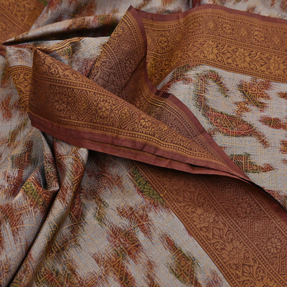 Indian Vintage Heavy Saree Brown & Gray 100% Pure Silk Hand Woven Ikat Sari Fabric 5Yard Ethnic Floral Soft Fabric zari