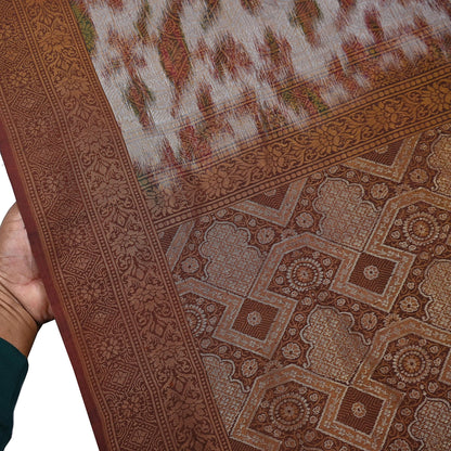 Indian Vintage Heavy Saree Brown & Gray 100% Pure Silk Hand Woven Ikat Sari Fabric 5Yard Ethnic Floral Soft Fabric zari