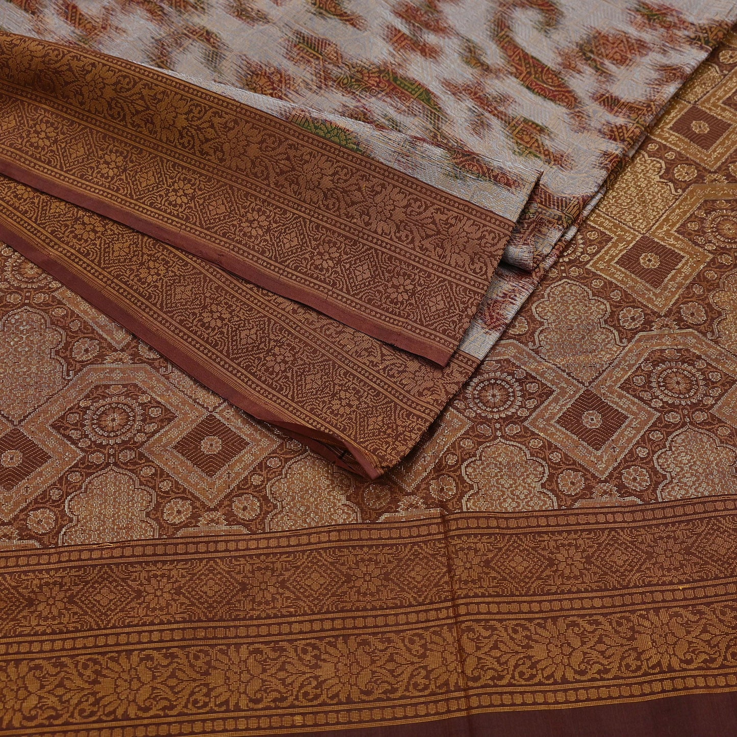 Indian Vintage Heavy Saree Brown & Gray 100% Pure Silk Hand Woven Ikat Sari Fabric 5Yard Ethnic Floral Soft Fabric zari