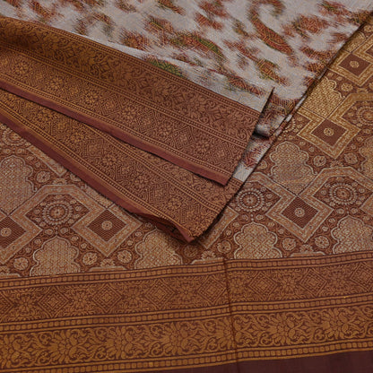 Indian Vintage Heavy Saree Brown & Gray 100% Pure Silk Hand Woven Ikat Sari Fabric 5Yard Ethnic Floral Soft Fabric zari