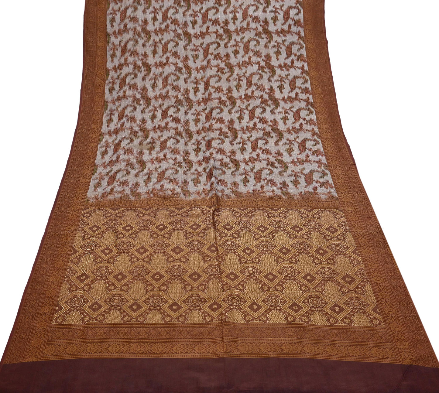 Indian Vintage Heavy Saree Brown & Gray 100% Pure Silk Hand Woven Ikat Sari Fabric 5Yard Ethnic Floral Soft Fabric zari