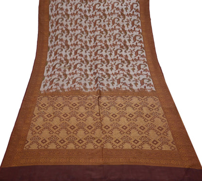 Indian Vintage Heavy Saree Brown & Gray 100% Pure Silk Hand Woven Ikat Sari Fabric 5Yard Ethnic Floral Soft Fabric zari
