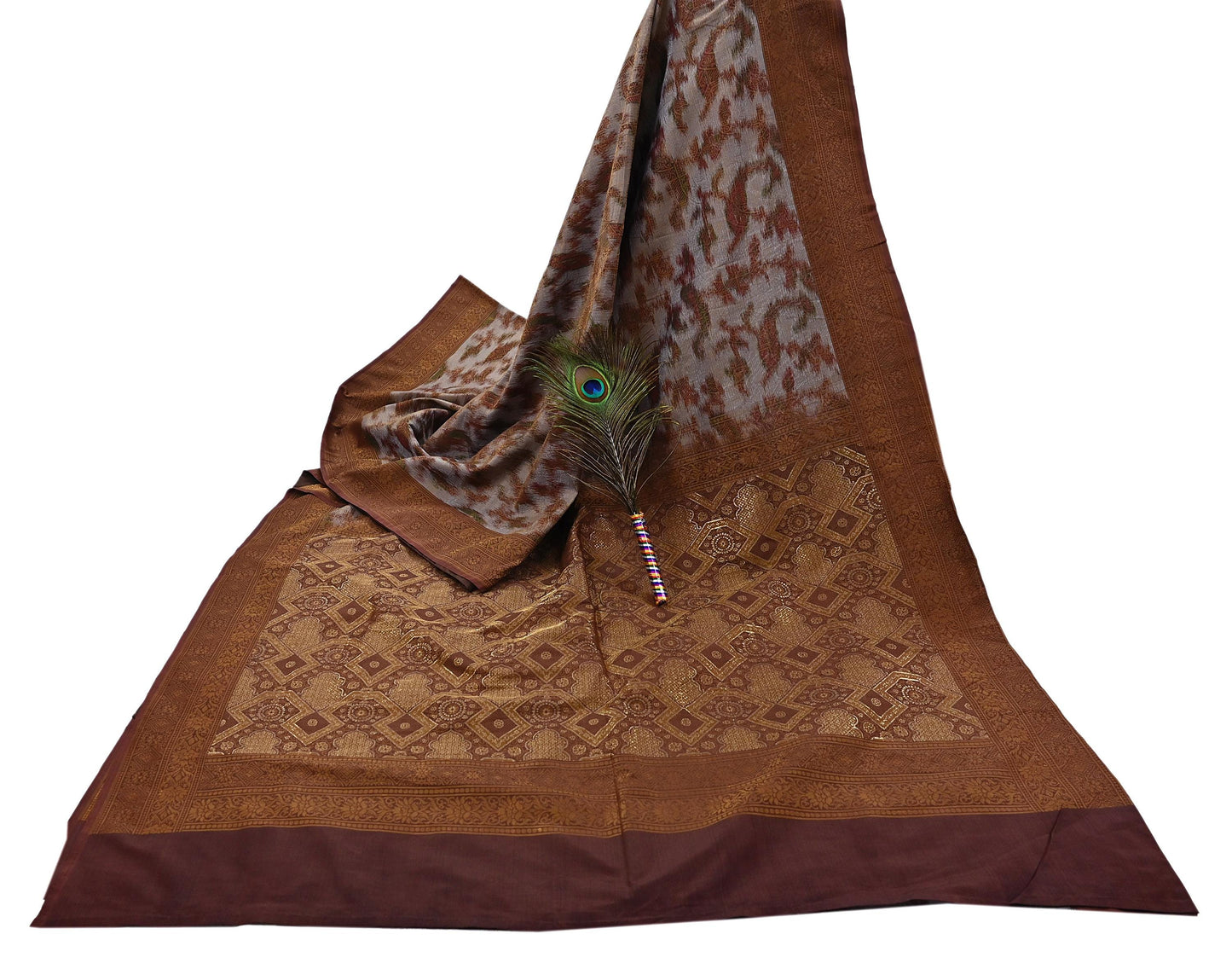 Indian Vintage Heavy Saree Brown & Gray 100% Pure Silk Hand Woven Ikat Sari Fabric 5Yard Ethnic Floral Soft Fabric zari